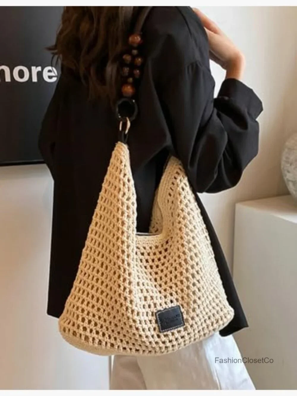 Crochet Woven Cotton Mesh Hobo Bag Bead Handmade Summer Beach Purse